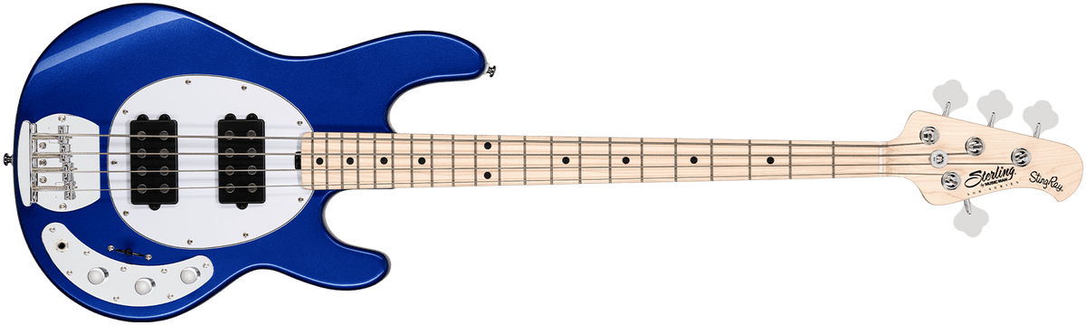 The StingRay Ray4HH bass in Cobra Blue front details.