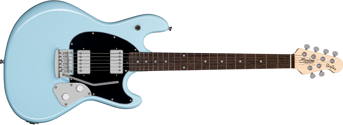 The StingRay guitar in Daphne Blue front details.